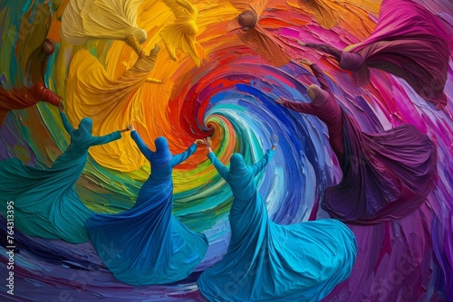 A diverse group of individuals observed a vibrant painting, with their attention captured by the lively colors, Sufi dancers in a whirl of vibrant colors, AI Generated