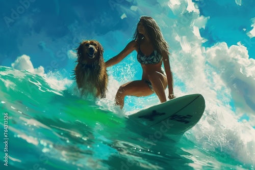 A woman confidently rides a surfboard while a dog joins her on the crest of a wave, Surfer with her dog on a surfboard, balancing on a small wave, AI Generated