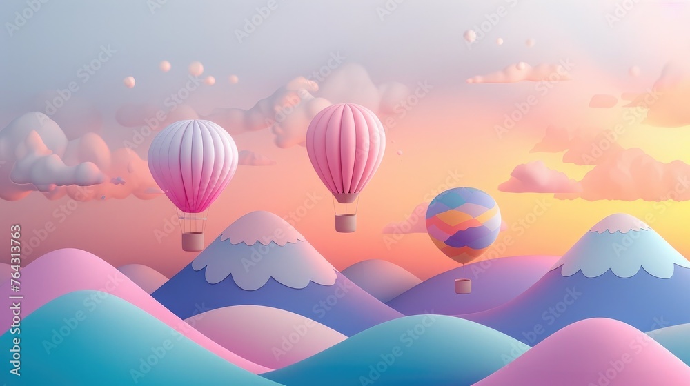 Whimsical Mountain Landscape with Colorful Hot Air Balloons at Sunset