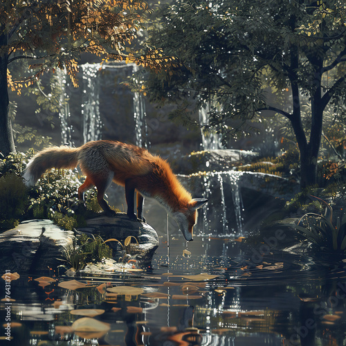 Beautiful forest landscape with a waterfall and a fox.  © Soeren