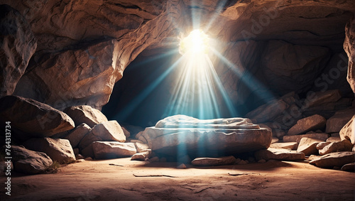 Empty tomb with stone rocky cave and light rays