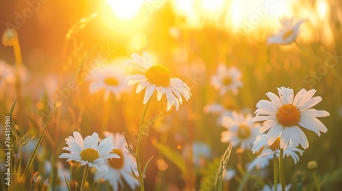 white daisy blossoms in a field, grassy meadow is blurred, warm golden hour effect during sunset and sunrise, copy and text space, 16:9 photo