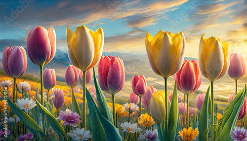 Vibrant Spring Flowers Field: Rows of Yellow, Pink & White Tulips. Valentine's Day, Easter, Birthday, Mother's Day, Women's Day. Flat Lay, Top View, Copy Space #764314126