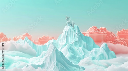 Whimsical Pastel Mountain Landscape with Stylized Cartoon Goat Scaling Icy Peak