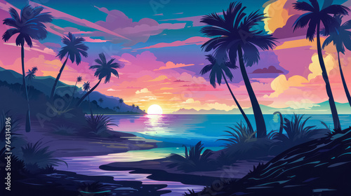 Summer tropical beach landscape background. Exotic paradise beachside on sunset.