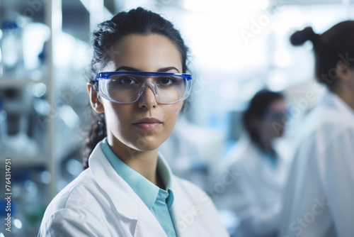 Portrait of female scientist wearing protective glasses and doctor's gown. Bright, well lit laboratories.