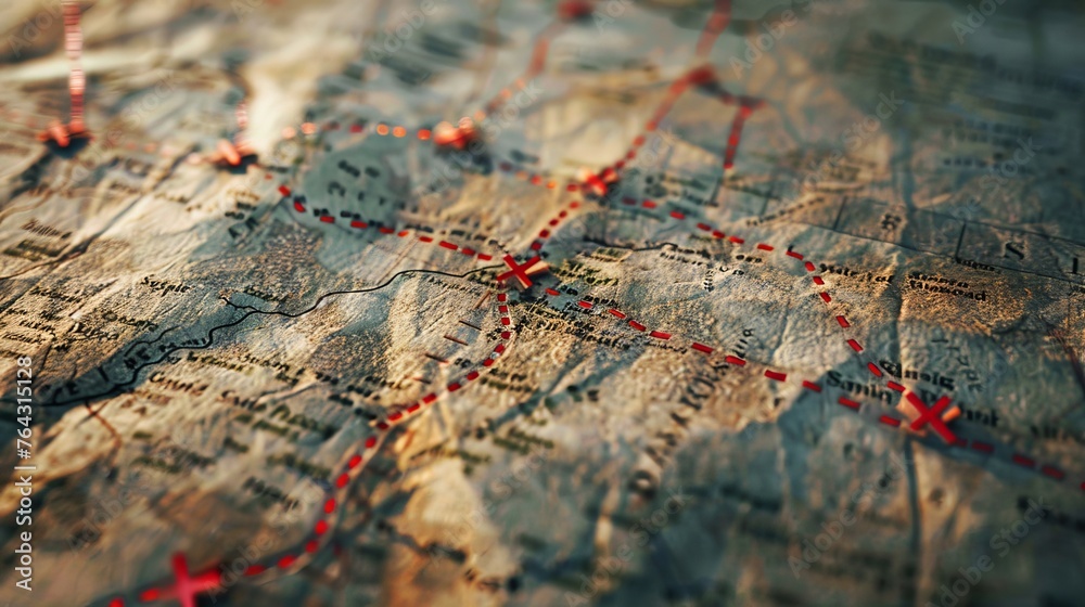 A faded map with a trail of red X marks AI generated illustration A faded map with a trail of red X marks AI generated illustration