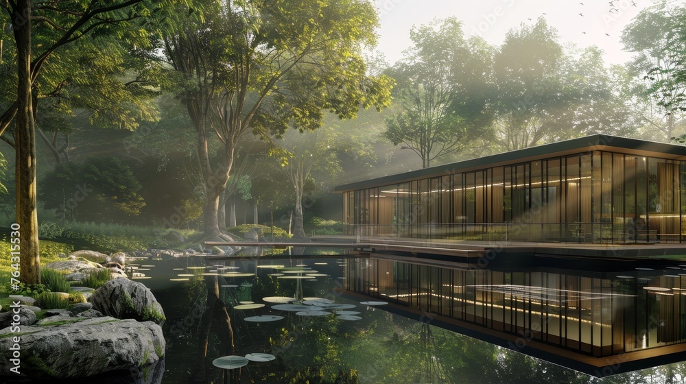 A serene office retreat nestled in nature promoting work-life balance and employee well-being  AI generated illustration