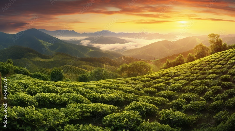 Fototapeta premium Tea forest at highland with beautiful morning sunrise. Green tea plantation landscape.