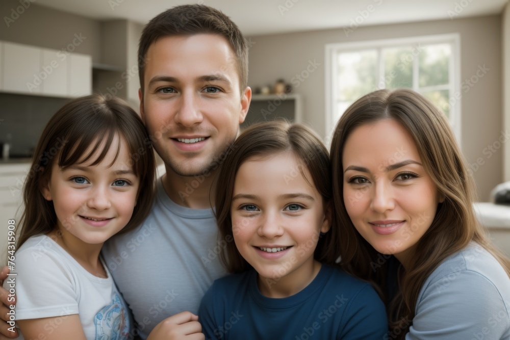Portrait of young european or american family inside bright living room. Two adults and two childrens. Portrait of young european or american family inside bright living room. Two adults and two childrens.