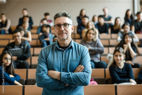 Portrait of young adult lecturer or professor in university lecture auditorium photo