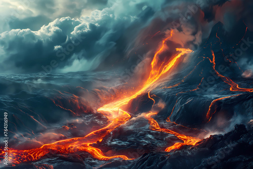 a volcanic eruption, lava flow