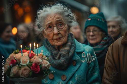 An elderly woman surrounded by family, holding a bouquet of flowers and a cake with the number "90" in candles. Celebration of a 90th birthday milestone. Generative Ai.