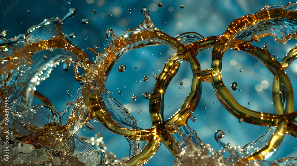 Golden rings splashing in clear blue water.