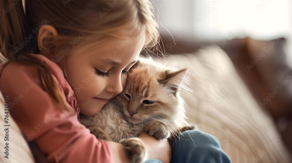 Close-up of a child holding a kitten in her arms