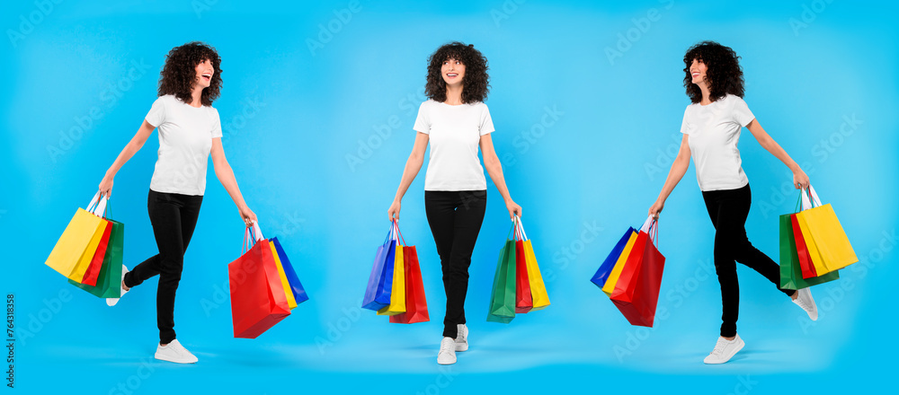 Happy woman with shopping bags on light blue background, set with photos