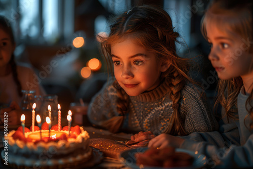 A family gathering around a dining table  with a cake adorned with the number  9  and candles for a child s birthday celebration. Generative Ai.