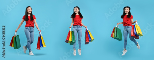 Woman with shopping bags on light blue background, set with photos