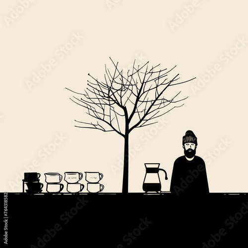 Minimalistic illustration. men in a coffee shop. State of mind. Pacification