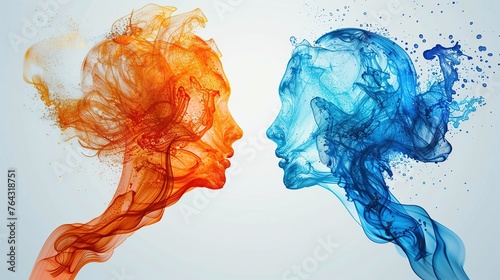 Drawing of two human heads facing each other, abstract head shape watercolor strokes. Creative of business brainstorm concept.