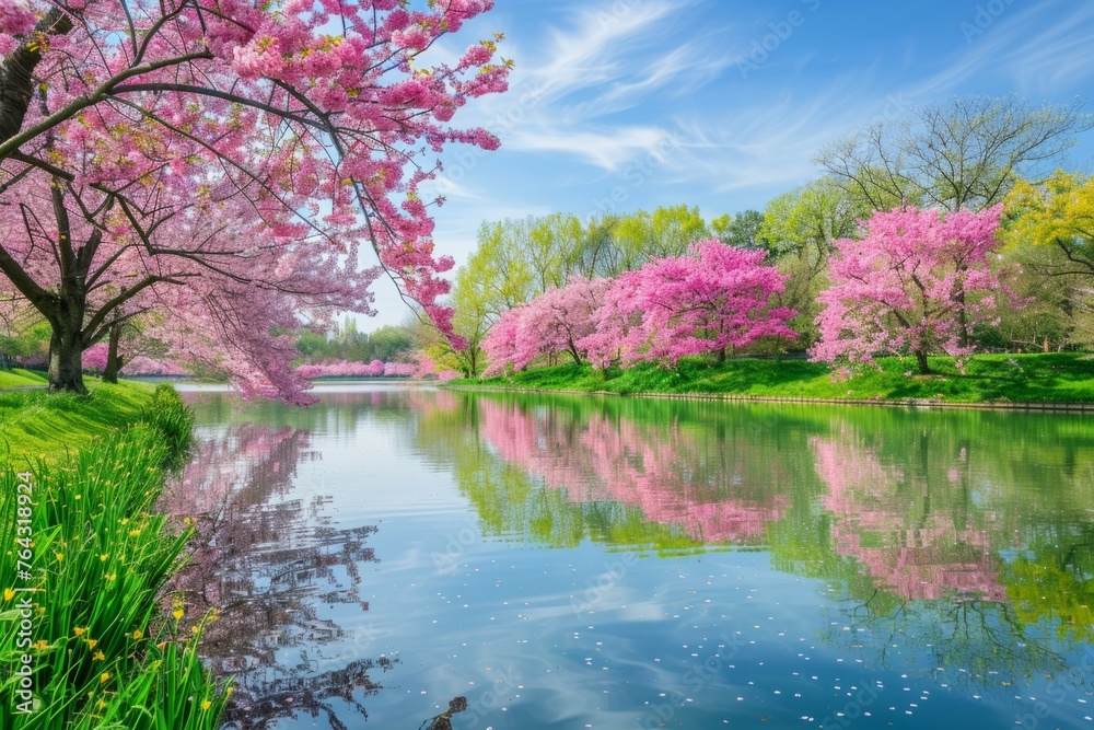 Beautiful Japanese cherry blossom trees in full bloom, reflecting on the calm water of an emerald green lake surrounded by lush grass and blooming flowers Generative AI Beautiful Japanese cherry blossom trees in full bloom, reflecting on the calm water of an emerald green lake surrounded by lush grass and blooming flowers Generative AI