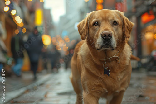 A loyal guide dog leading its visually impaired owner through the bustling streets, navigating with precision and care. Concept of trust and partnership. Generative Ai.