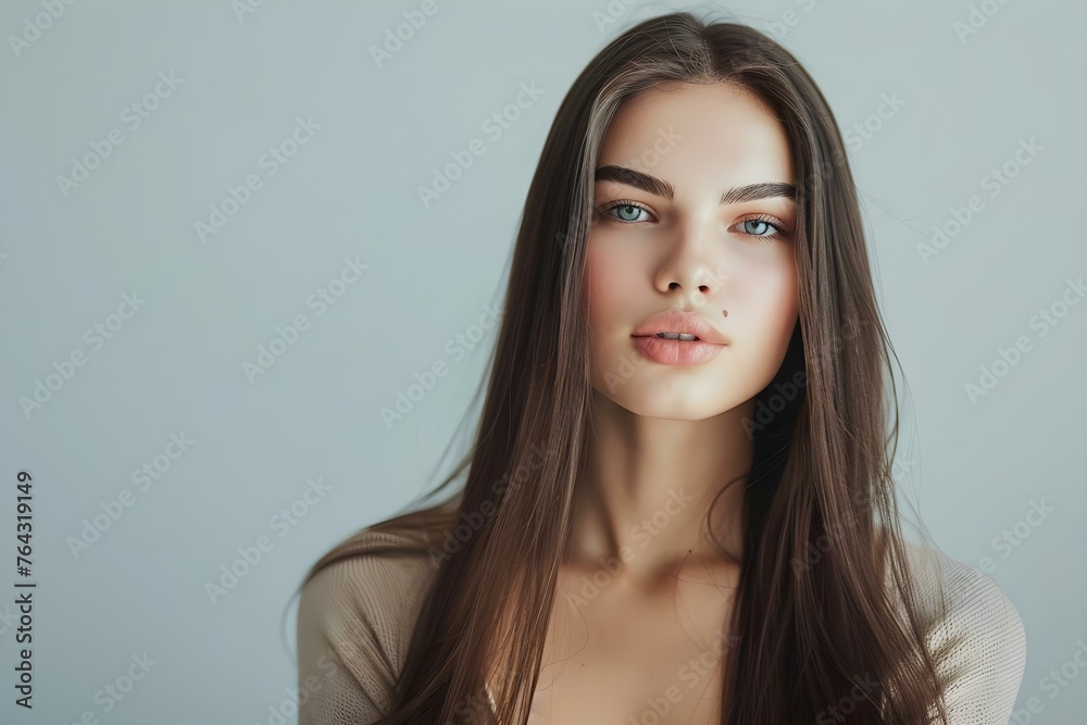 Woman With Brunette Straight Long Hair On White Background. Concept Beauty, Hairstyle, Portrait, White Background, Brunette Woman With Brunette Straight Long Hair On White Background. Concept Beauty, Hairstyle, Portrait, White Background, Brunette