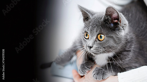 close up person holds gray kitten on arm for examination