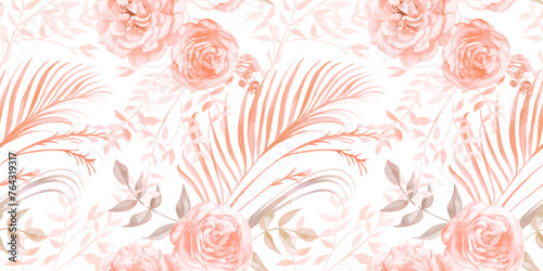 Pattern with watercolor roses flowers and twigs