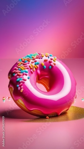 Delicious purple donut topped with colorful sprinkles on vibrant pink background. For advertise cafe, pastry shop, bakery, promote sweets, baked goods on social networks, on website, in menu, banner.