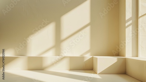 Pastel Creamy Beige Studio with Diagonal Window Light - An Empty Stage for Art Exhibition Generative AI