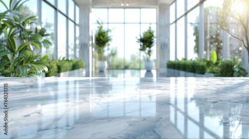 Minimalist Marble Lobby Table and Blurred Glass Window Abstract Background Generative AI © Alex