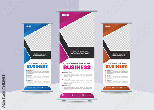 Modern creative corporate business standee x rollup, pullup advertising vertical banner with geometric promotion trendy marketing vector bundle template