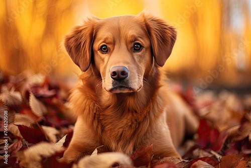 close-up portrait red dog golden retriever labrador in autumn against the background of red-yellow leaves and copy space - generative ai