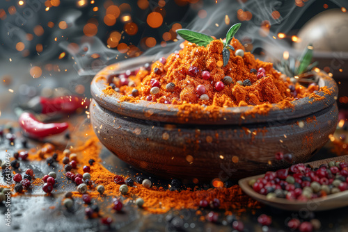 A spice-infused culinary creation, where diverse flavors converge to tantalize the taste buds in a harmonious symphony. Concept of culinary fusion and creativity. Generative Ai. photo