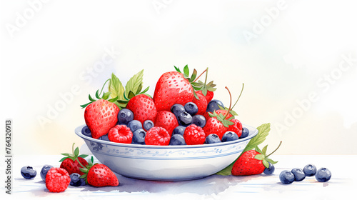 Watercolor illustration with ripe strawberries and blueberries in a white plate on a table on a light background with copy space. Berries on a white background. Healthy eating