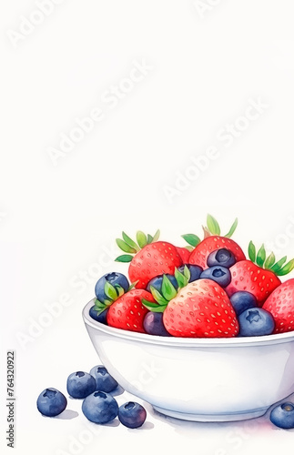 Watercolor illustration with ripe strawberries with blueberries in a white plate on the table on a light background with copy space. Fruits on a white background. Healthy eating