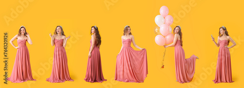 Set of beautiful young girl in stylish prom dress on yellow background