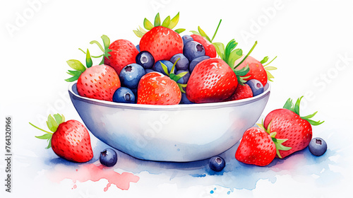 Watercolor illustration with ripe strawberries with blueberries in a white plate on the table on a light background with copy space. Fruits on a white background. Healthy eating