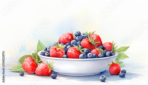 Watercolor illustration with ripe strawberries and blueberries in a white plate on a table on a light background with copy space. Berries on a white background. Healthy eating