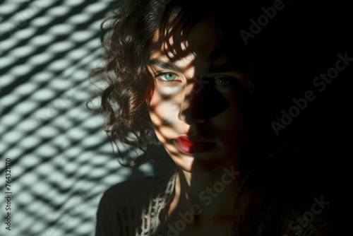 Portrait of beautiful woman girl hidden in the shadow dark. Seriously looking at camera. Dispassionate and suspicious look photo