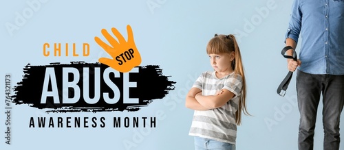 Awareness banner for National Child Abuse Prevention Month with father threatening his little daughter photo