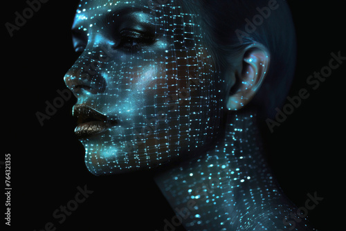 Woman portrait with face covered with laser lights, professional makeup, futuristic AI concept. Futuristic stylish beauty fashion portrait