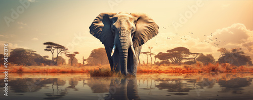 Majestic elephant striding in African savanna