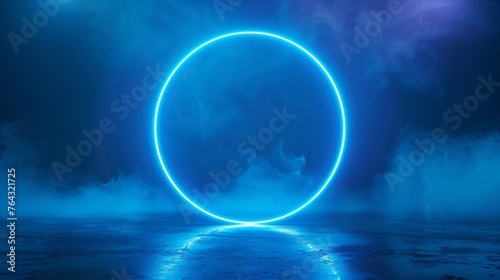 Abstract Blurry Light Blue Product Presentation Background with Circular Neon Glow Generative AI
