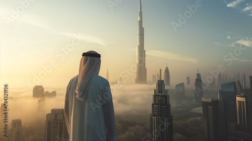 Arabic businessman looking at the city. Business and success concept.