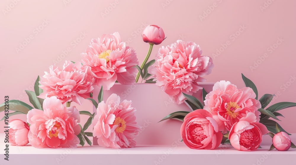 Spring Product Podium with Pastel-Colored Pink Peonies for Branding and Packaging Mockup Generative AI