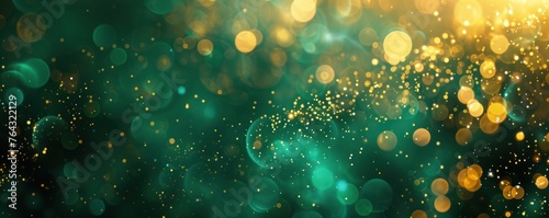 Abstract bokeh background. Gold bokeh on defocused emerald green background photo