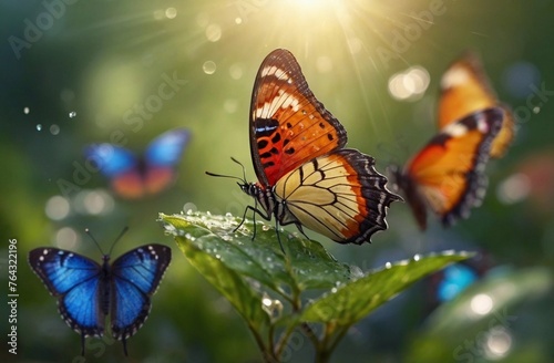Close-up, bright colored butterflies in nature on a blurred background.