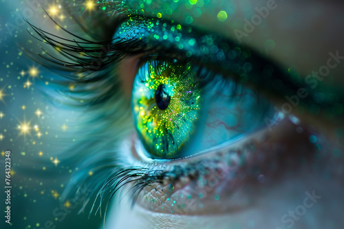 eye iris with green iris, reflection of nature, sters, sparkles, futuristic artwork, macro